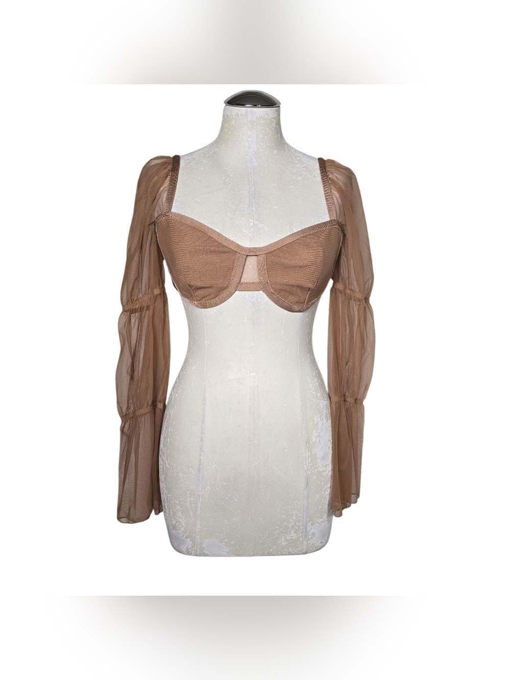 Rehab Lab Mesh Puff Sleeve Bustier Top M Tan Corset Bodice Romantic Fairy Ballet